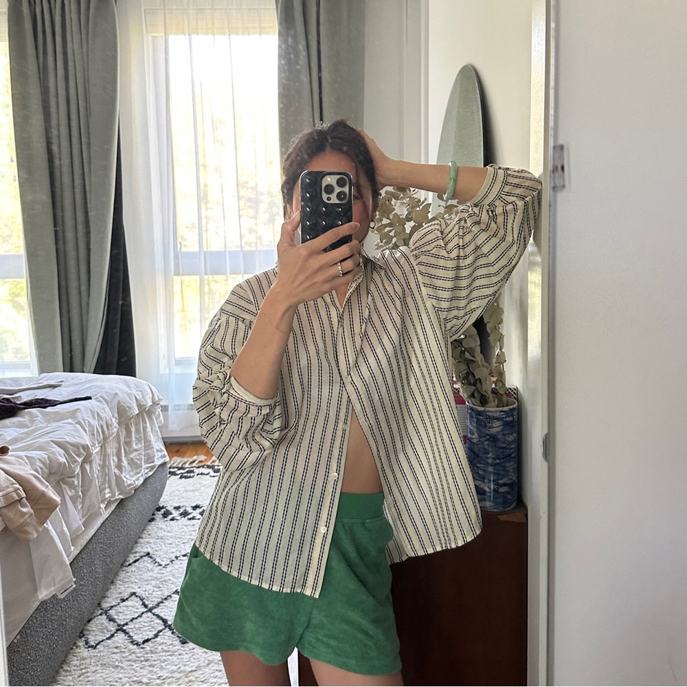 Embroidered stripe oversized button down